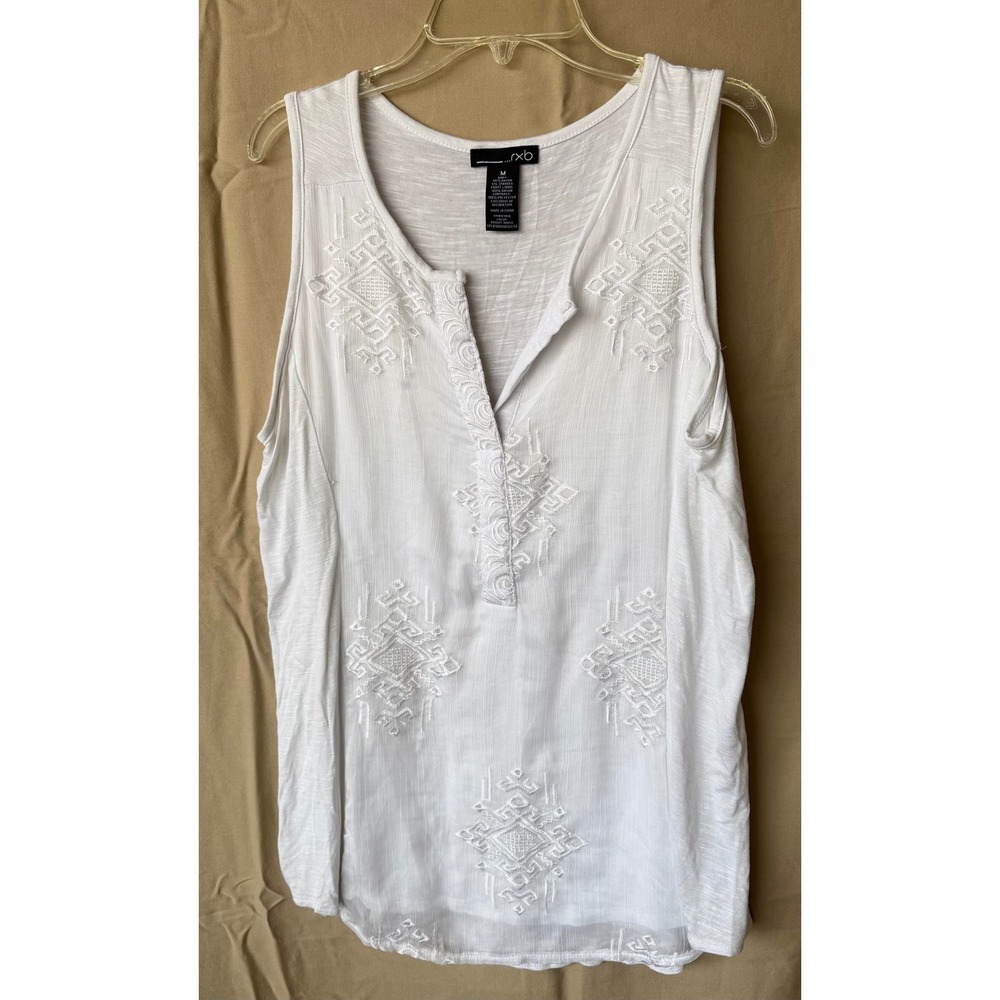 RXB Sleeveless Embroidered Tank Top White Geometric Sheer Boho Festival Medium
